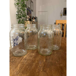 Lot of 4 Vintage Ball Mason Jars Quart Size Embossed Fruit & Grape Motif Clear
